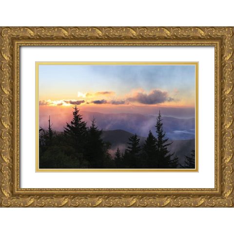 Foggy Mountain Sunrise Gold Ornate Wood Framed Art Print with Double Matting by Deiter, Lori