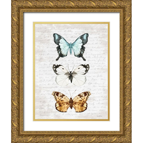 Butterfly Trio Gold Ornate Wood Framed Art Print with Double Matting by Lettered and Lined