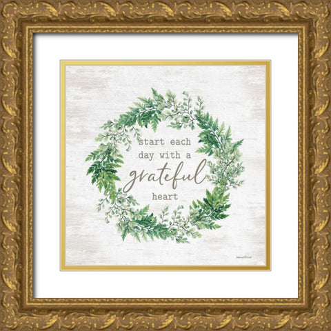 Grateful Heart Wreath Gold Ornate Wood Framed Art Print with Double Matting by Lettered and Lined