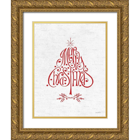 Merry Christmas Tree Gold Ornate Wood Framed Art Print with Double Matting by Lettered and Lined