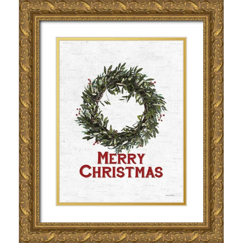 Merry Christmas Wreath Gold Ornate Wood Framed Art Print with Double Matting by Lettered and Lined