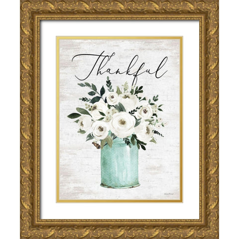 Thankful Gold Ornate Wood Framed Art Print with Double Matting by lettered And lined