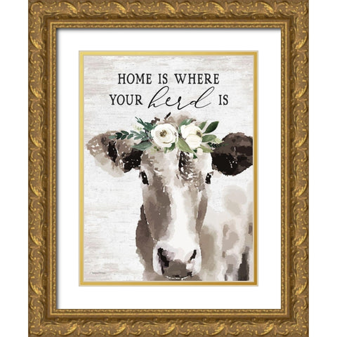 Home is Where Your Herd Is Gold Ornate Wood Framed Art Print with Double Matting by lettered And lined