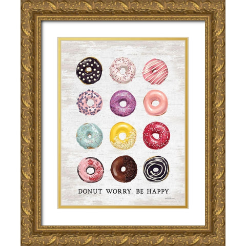 Donut Worry - Be Happy Gold Ornate Wood Framed Art Print with Double Matting by lettered And lined