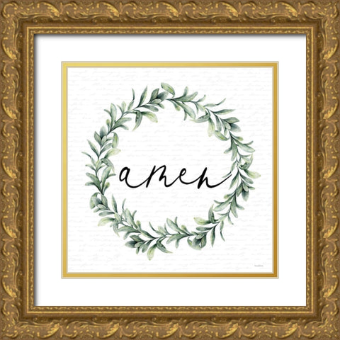 Amen Wreath Gold Ornate Wood Framed Art Print with Double Matting by lettered and lined