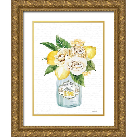 Lemons and Flowers Bouquet Gold Ornate Wood Framed Art Print with Double Matting by lettered and lined