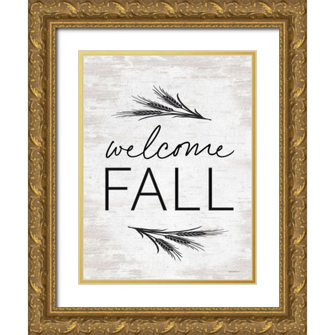 Welcome Fall Gold Ornate Wood Framed Art Print with Double Matting by Lettered And Lined