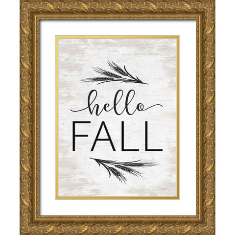 Hello Fall Gold Ornate Wood Framed Art Print with Double Matting by Lettered And Lined