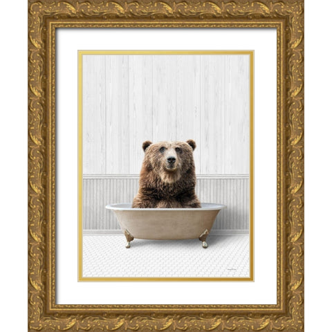 Bath Time Bear  Gold Ornate Wood Framed Art Print with Double Matting by Lettered And Lined