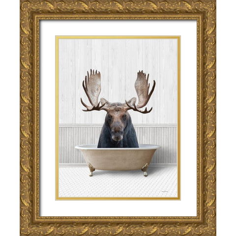 Bath Time Moose  Gold Ornate Wood Framed Art Print with Double Matting by Lettered And Lined