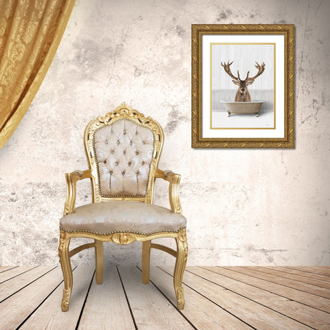 Bath Time Deer Gold Ornate Wood Framed Art Print with Double Matting by Lettered And Lined