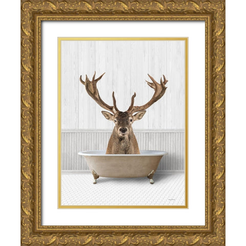 Bath Time Deer Gold Ornate Wood Framed Art Print with Double Matting by Lettered And Lined