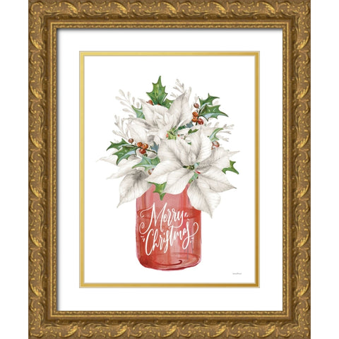 Merry Christmas Poinsettias Gold Ornate Wood Framed Art Print with Double Matting by Lettered and Lined
