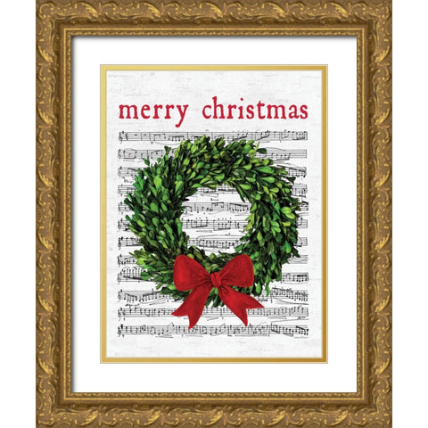 Merry Christmas Wreath Gold Ornate Wood Framed Art Print with Double Matting by Lettered and Lined