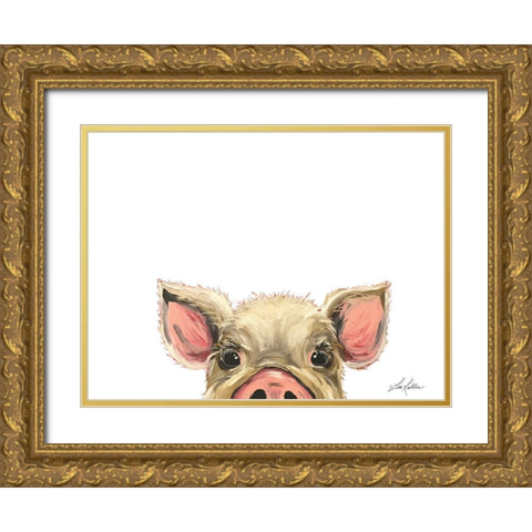 Peeking Pig Gold Ornate Wood Framed Art Print with Double Matting by Keller, Lee
