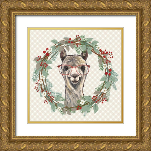 Christmas Llama Wreath Gold Ornate Wood Framed Art Print with Double Matting by Keller, Lee