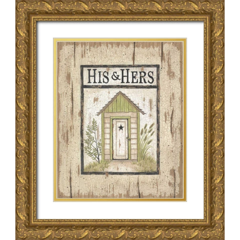 His and Hers Outhouse Gold Ornate Wood Framed Art Print with Double Matting by Spivey, Linda