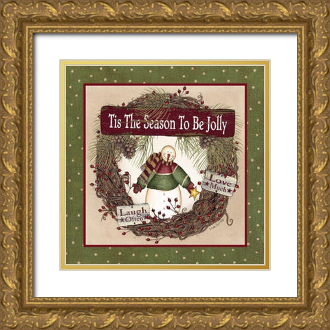 Snowman Christmas Wreath Gold Ornate Wood Framed Art Print with Double Matting by Spivey, Linda