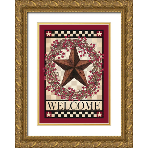 Barn Star Berry Wreath Gold Ornate Wood Framed Art Print with Double Matting by Spivey, Linda