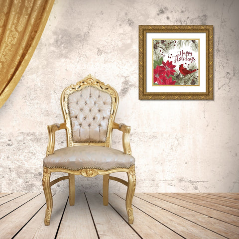 Cardinal and Poinsettias Gold Ornate Wood Framed Art Print with Double Matting by Spivey, Linda