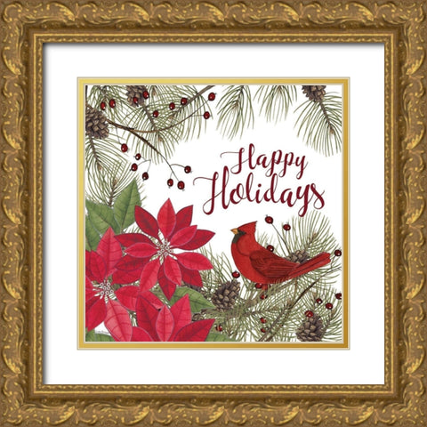Cardinal and Poinsettias Gold Ornate Wood Framed Art Print with Double Matting by Spivey, Linda