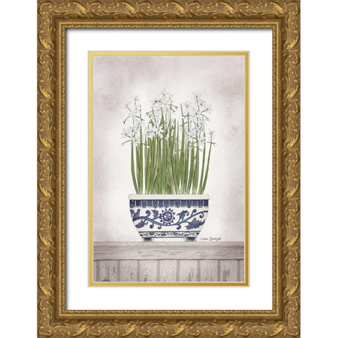 Blue and White Paperwhites II  Gold Ornate Wood Framed Art Print with Double Matting by Spivey, Linda