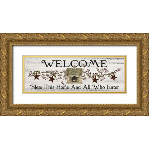 Bless This Home and All Who Enter Gold Ornate Wood Framed Art Print with Double Matting by Spivey, Linda