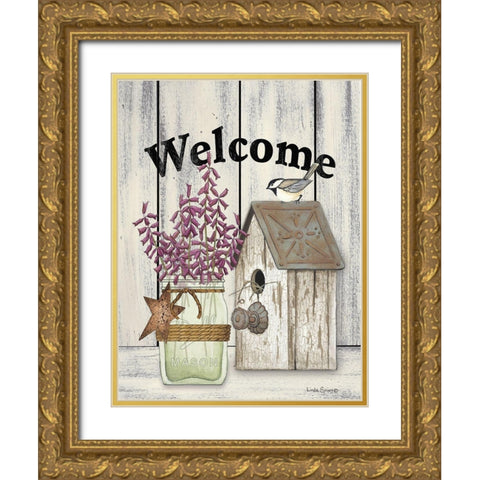 Welcome Flowers in Jar Gold Ornate Wood Framed Art Print with Double Matting by Spivey, Linda