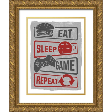 Eat-Sleep-Game-Repeat Gold Ornate Wood Framed Art Print with Double Matting by Lux + Me Designs