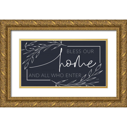 Bless Our Home and All Who Enter Gold Ornate Wood Framed Art Print with Double Matting by Lux + Me Designs