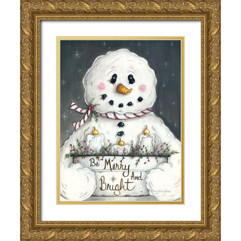 Merry and Bright Snowman Gold Ornate Wood Framed Art Print with Double Matting by June, Mary Ann