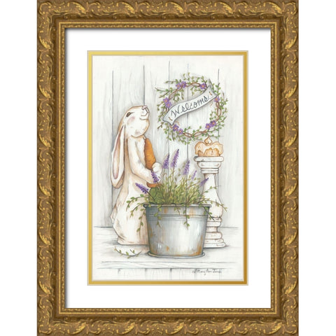 Welcome Bunny Gold Ornate Wood Framed Art Print with Double Matting by June, Mary Ann
