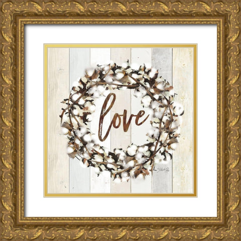 Love Cotton Wreath Gold Ornate Wood Framed Art Print with Double Matting by Rae, Marla
