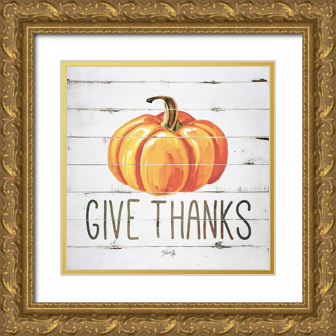 Give Thanks Pumpkin Gold Ornate Wood Framed Art Print with Double Matting by Rae, Marla