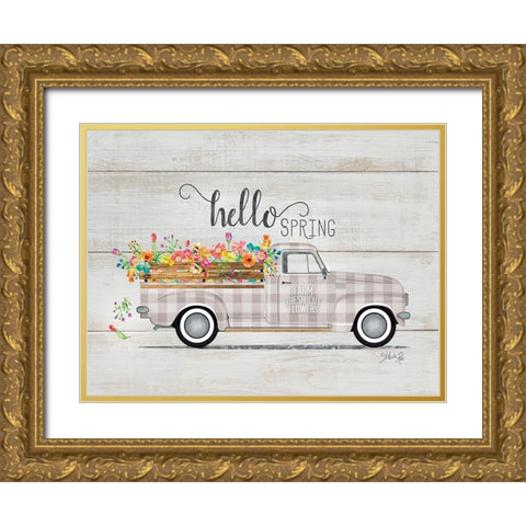 Hello Spring Vintage Truck Gold Ornate Wood Framed Art Print with Double Matting by Rae, Marla