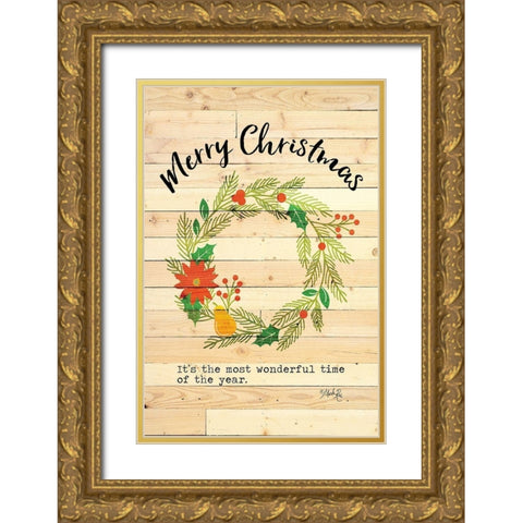 Merry Christmas Wreath Gold Ornate Wood Framed Art Print with Double Matting by Rae, Marla