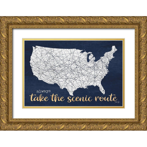 Scenic Route USA Map Gold Ornate Wood Framed Art Print with Double Matting by Rae, Marla