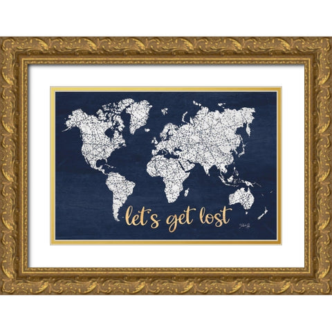 Lets Get Lost World Map Gold Ornate Wood Framed Art Print with Double Matting by Rae, Marla