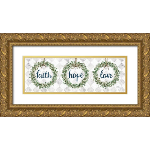 Faith Hope Love Eucalyptus Wreaths Gold Ornate Wood Framed Art Print with Double Matting by Rae, Marla