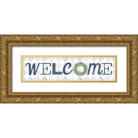Welcome with Eucalyptus Wreath I Gold Ornate Wood Framed Art Print with Double Matting by Rae, Marla
