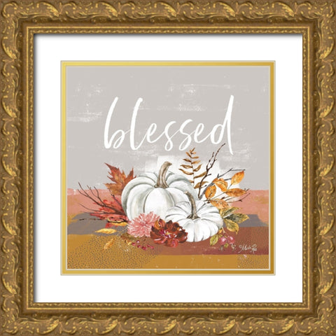Blessed Pumpkin and Fall Flowers Gold Ornate Wood Framed Art Print with Double Matting by Rae, Marla