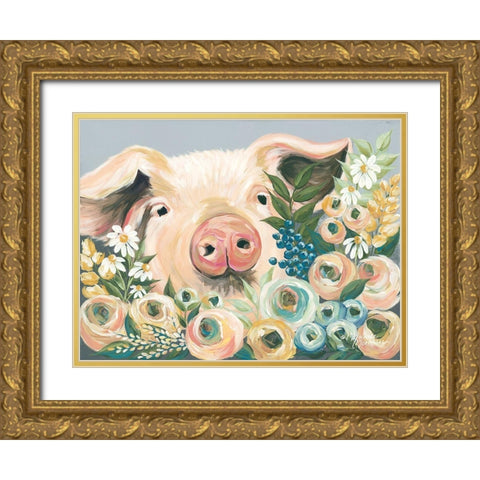 Pig in the Flower Garden Gold Ornate Wood Framed Art Print with Double Matting by Norman, Michele