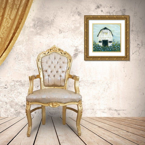 Blue Flowers Gold Ornate Wood Framed Art Print with Double Matting by Norman, Michele