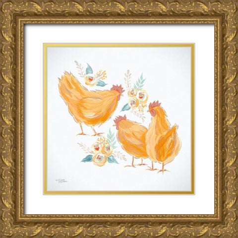 Trio of Floral Roosters Gold Ornate Wood Framed Art Print with Double Matting by Norman, Michele