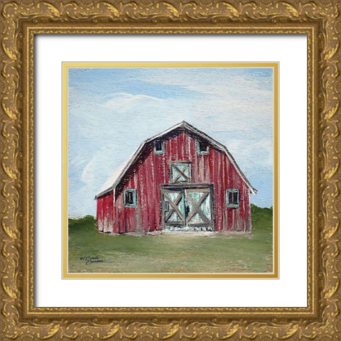 Red Barn Gold Ornate Wood Framed Art Print with Double Matting by Norman, Michele
