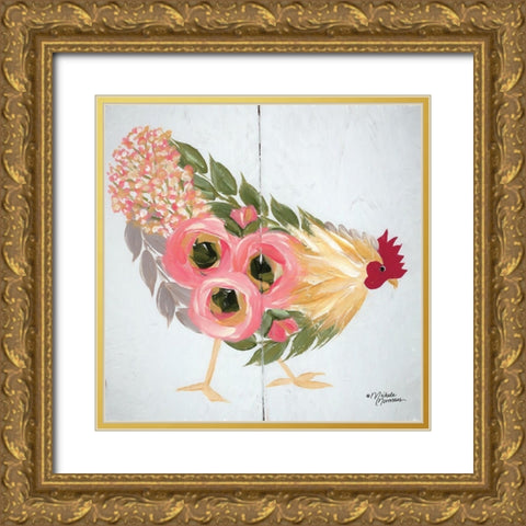 Floral Hen on White Gold Ornate Wood Framed Art Print with Double Matting by Norman, Michele