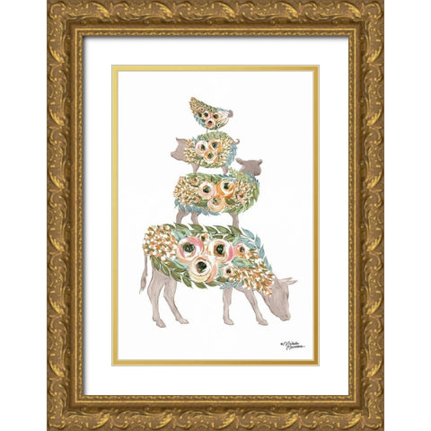 Floral Stacked Animals Gold Ornate Wood Framed Art Print with Double Matting by Norman, Michele