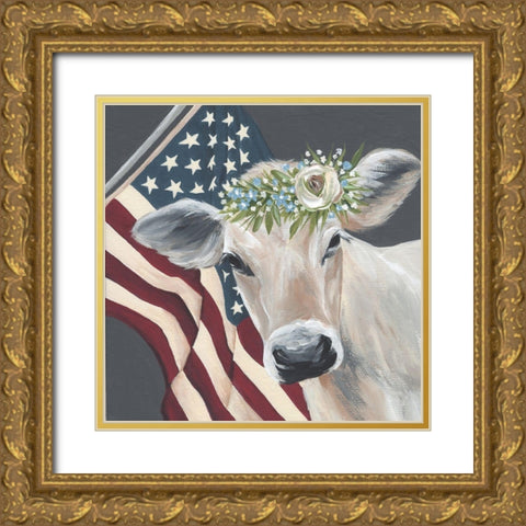 Patriotic Cow Gold Ornate Wood Framed Art Print with Double Matting by Norman, Michele