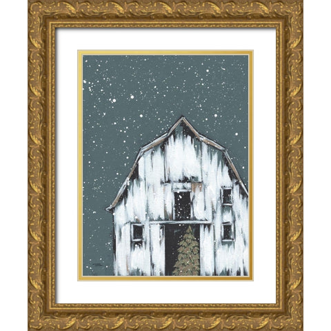 Winter Night Barn Gold Ornate Wood Framed Art Print with Double Matting by Norman, Michele
