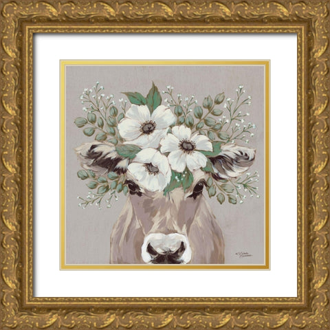 Flora the Jersey Cow Gold Ornate Wood Framed Art Print with Double Matting by Norman, Michele
